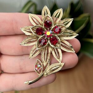 Vintage Estate Lisner Flower Crystal Rhinestone Bouquet Brooch Signed Red